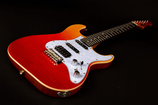 Jet Guitars JS-600 Super Strat Flame Top Roasted Maple in Trans Red